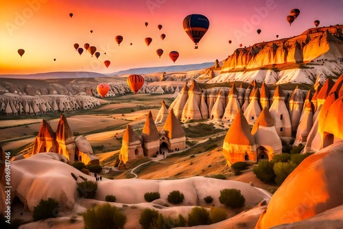 Cappadocia Turkey sunrise, air balloons gracefully ascending over a surreal landscape, vibrant hues of orange and pink illuminating the sky