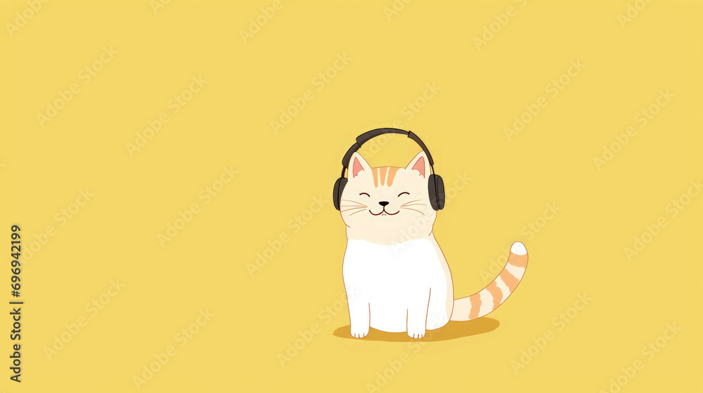 Illustration of tabby cat in headphones on yellow background with copy space