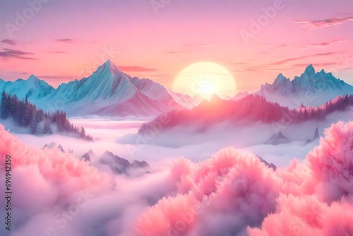 Sunrise over mountainous clouds, a surreal dreamscape where peaks emerge like islands in a sea of cotton candy, soft pastel tones creating a tranquil atmosphere photo