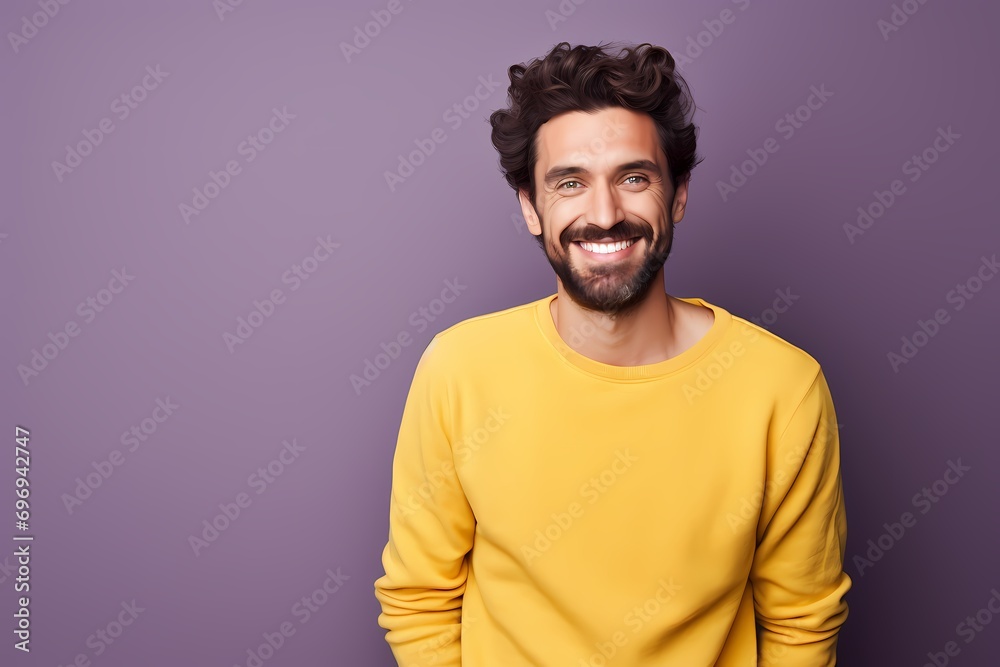 A man in a cheerful yellow sweater grinning on a soft lilac background. A man in a cheerful yellow sweater grinning on a soft lilac background.