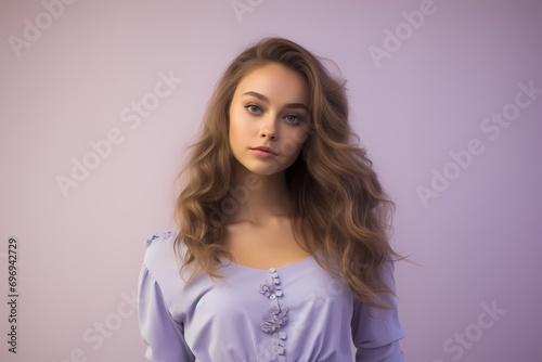 A cute and beautiful young female model with a serene and tranquil pose  exuding peace and harmony  against a solid light lavender background.