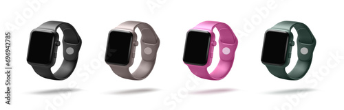 Smart watch 3d render mockup vector illustration in four glossy luxury colours