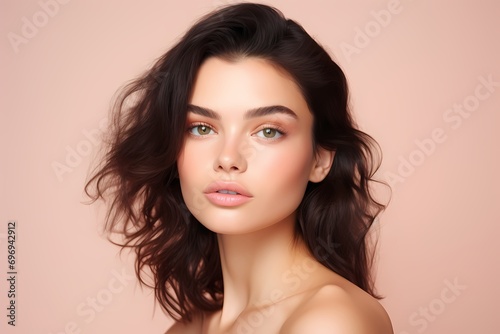 A cute and beautiful young female model with a glowing complexion and natural beauty, exuding simplicity and elegance, against a solid light peach background.