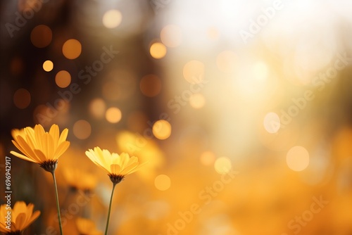 Vibrant yellow gerbera daisy on magical bokeh background with ample space for text placement.