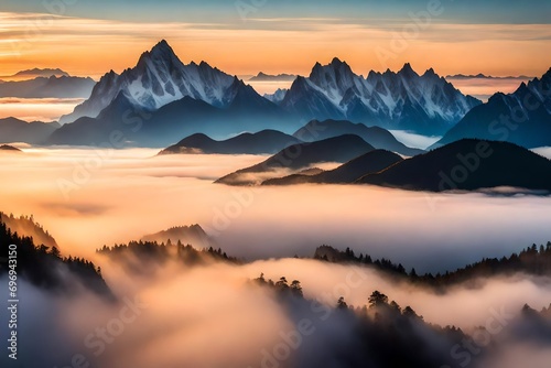 Sunrise over the clouds with majestic mountains piercing through the mist, a warm golden glow painting the sky, soft clouds embracing the peaks
