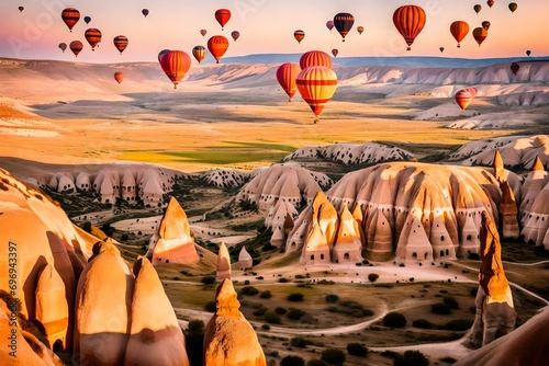 Cappadocia Turkey, midday, air balloons drifting above a patchwork of golden valleys, sun casting long shadows