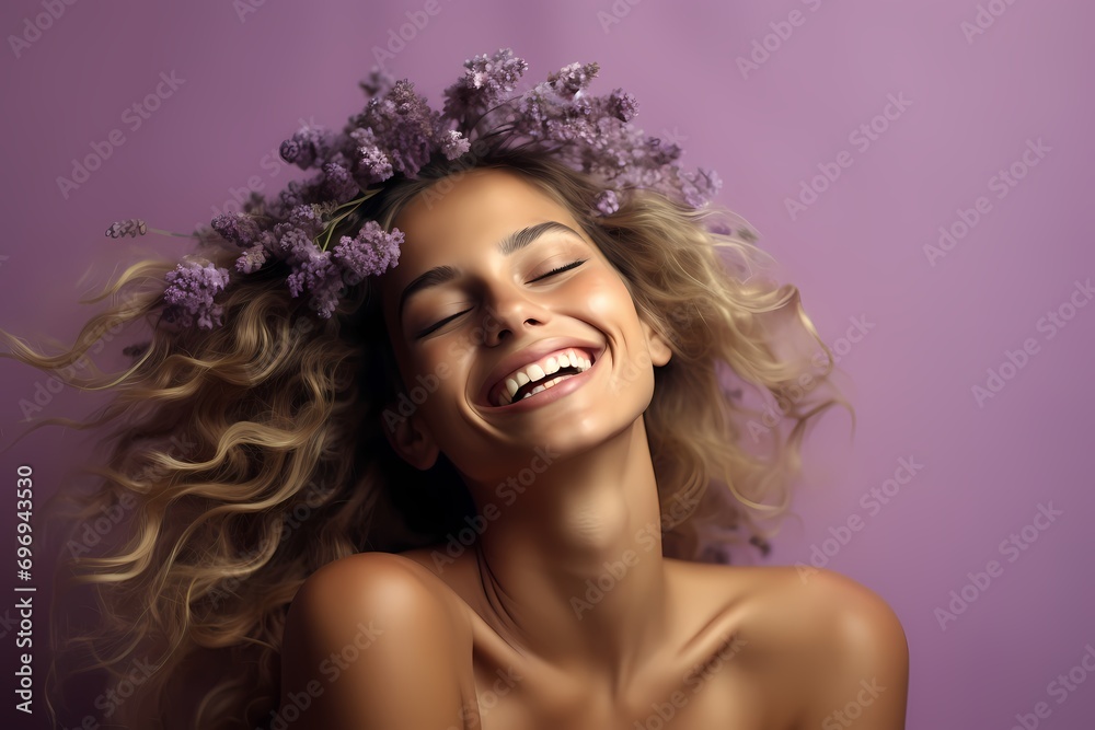 A delighted female model grinning on a tranquil lavender-colored backdrop.