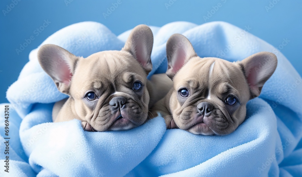 French Bulldog puppies nestled in a blue fluffy blanket resemble living clouds of tenderness. Their soft, short fur captures shades of blue, giving them an enchanting appearance.