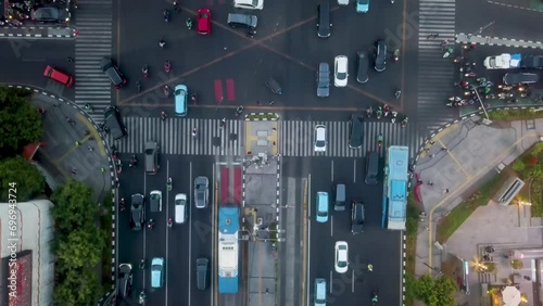 Heavy pedestrian and vehicular traffic photo