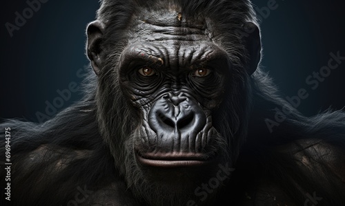 Close up of a black gorilla face. Wild animal from jungle. Generative AI