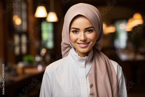 Beautiful Muslim woman with hands showing and presenting something in the direction of empty space for presenting something and presenting product.