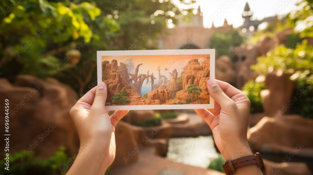 Close up hands unrecognizable traveler tourist  holding postcard photo image picture photography - obrazy, fototapety, plakaty 