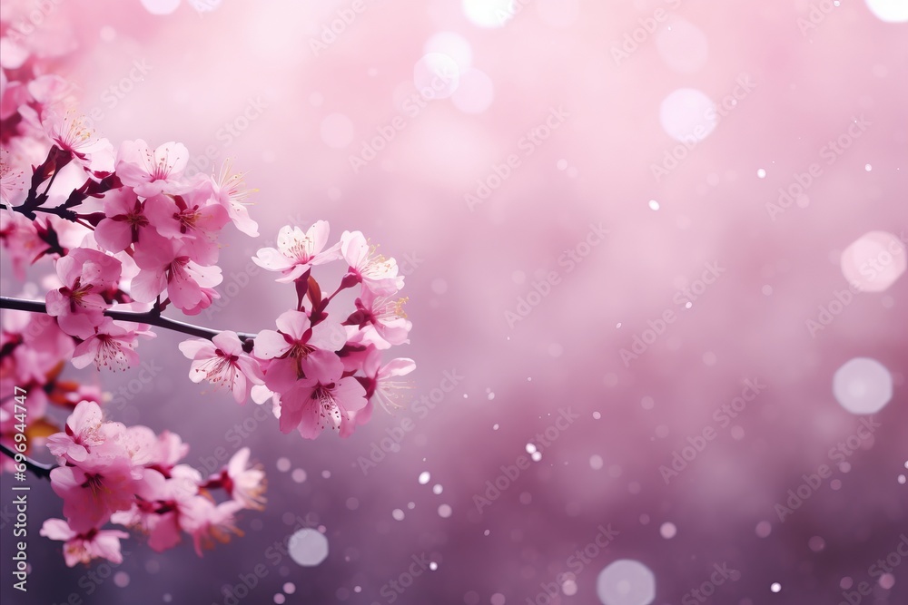 Pink cherry blossom on isolated magical bokeh background with copy space for text placement