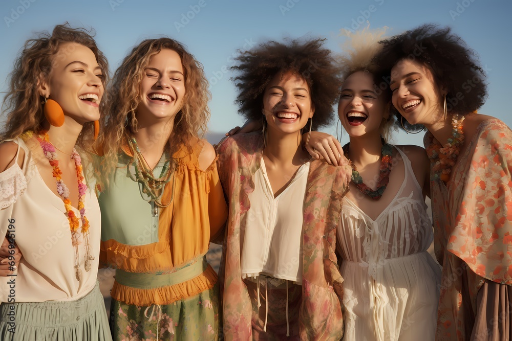 A group of smiling young models wearing colorful bohemian-inspired outfits, embodying a carefree and boho-chic style, against a solid light green background.