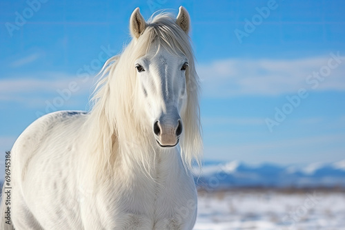 Portrait of a beautiful white horse against the background of white snow and blue sky 