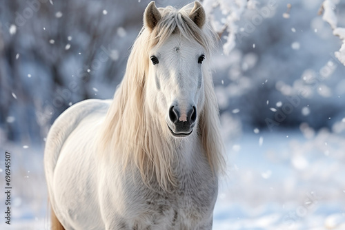 white horse against a snowy forest backdrop, capturing the idyllic calm of winter nature.