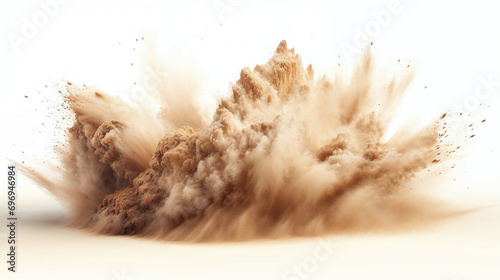 Golden sand explosion isolated on white background. Abstract sand cloud. 