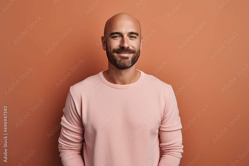 A man with an infectious grin in a pale lavender sweater against a gentle coral background. A man with an infectious grin in a pale lavender sweater against a gentle coral background.