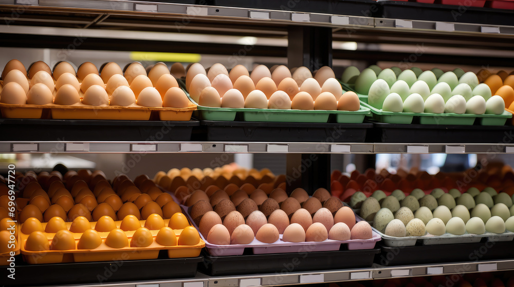 A shelf in the store with trays of eggs. Egg department in a supermarket, retail prices for eggs, food crisis.