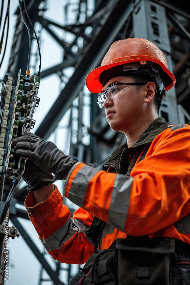 Helmeted male engineer works in the field with a telecommunication tower that controls cellular electrical installations to inspect and maintain 5G networks installed on high-rise buildings
Helmeted male engineer works in the field with a telecommunication tower that controls cellular electrical installations to inspect and maintain 5G networks installed on high-rise buildings