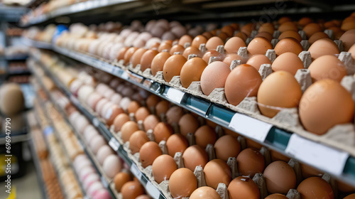 A shelf in the store with trays of different eggs. Egg department in a supermarket, retail prices for eggs, food crisis. photo