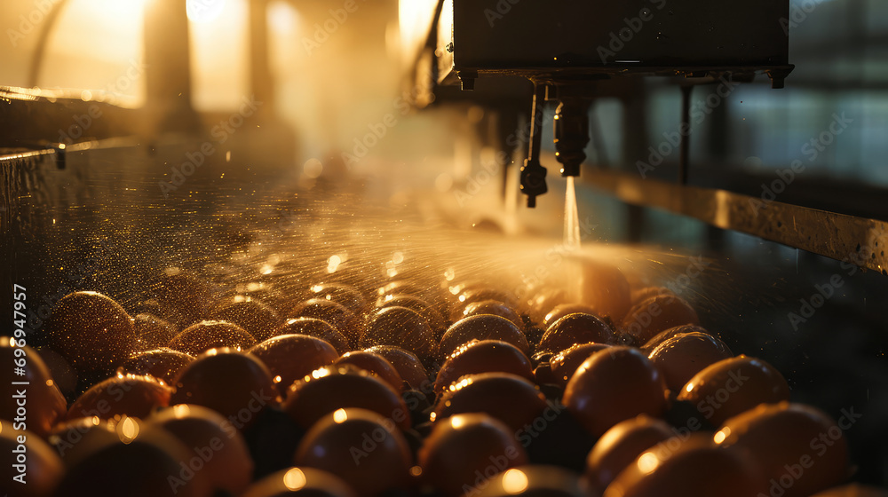 Conveyor in egg production plant, automatic machine spraying water, washing, sorting eggs. Water sanitization of farm eggs. - obrazy, fototapety, plakaty 