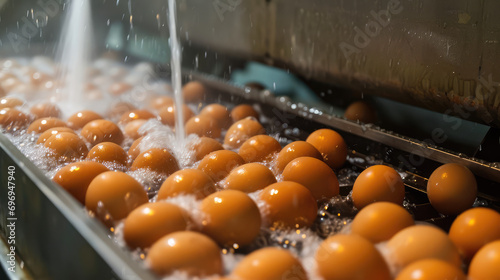 Conveyor in egg production plant, machine spraying water, washing, sorting brown eggs. Water sanitization of farm eggs. photo