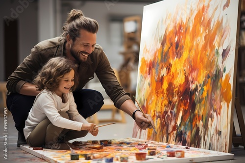 Canvas Print A mentor guiding a young artist in front of a canvas white wall, nurturing creativity and expression