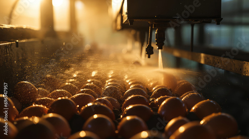 Conveyor in egg production plant, automatic machine spraying water, washing, sorting eggs. Water sanitization of farm eggs. photo