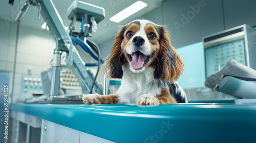 A cute longhair white dog is waiting to be treated on an examination table in an animal hospital. A close-up realistic picture of a pet in a healthcare center. photo