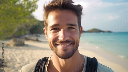 close-up shot of a good-looking male tourist. Enjoy free time outdoors near the sea on the beach. Looking at the camera while relaxing on a clear day Poses for travel selfies smiling happy tropical #696948580