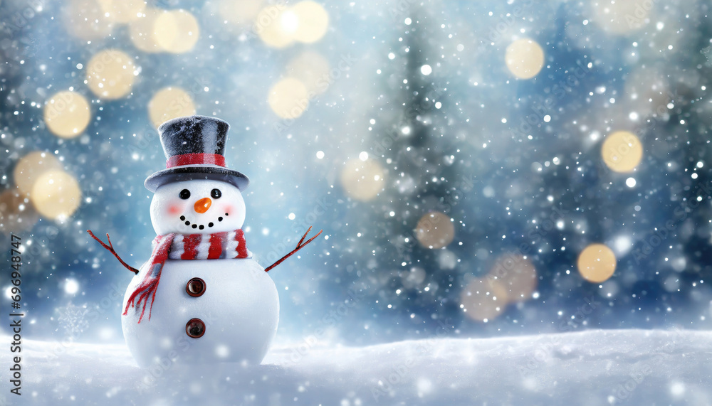 Cheerful snowman with top hat and scarf in snowy winter scene.