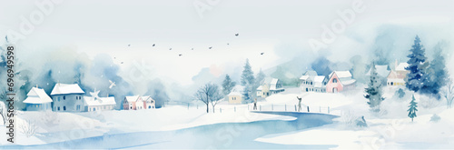 winter watercolor landscape with houses and river. vector illustration