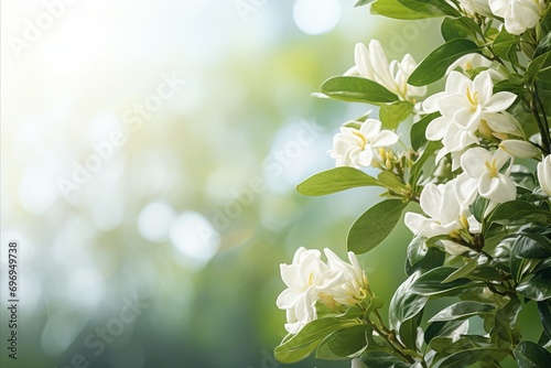 White gardenia on right side with isolated bokeh background  ample copy space on left side