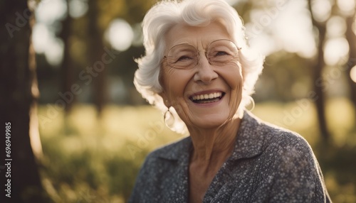 The portrait of a happy retired elderly woman smiling and laughing shot outdoors on a sunny day