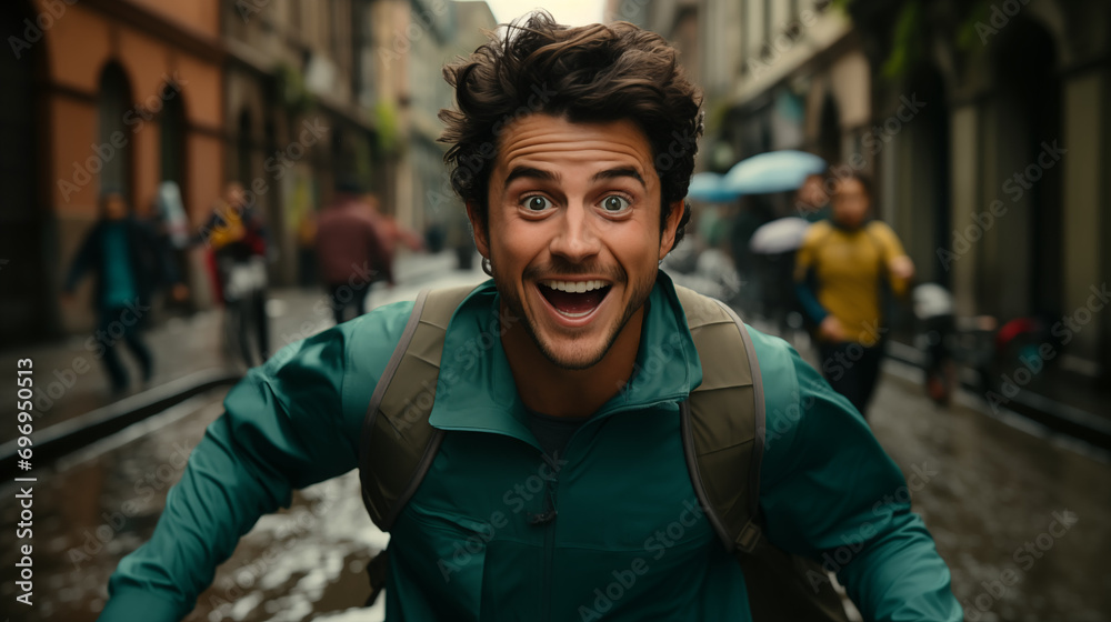 A courier rushing to give an order, a courier in a green uniform in a big city rushing to give an order. Concept of goods delivery, online shopping A courier rushing to give an order, a courier in a green uniform in a big city rushing to give an order. Concept of goods delivery, online shopping