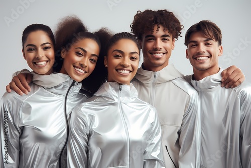 A group of smiling young models wearing matching athleisure sets, embracing the latest fitness fashion trends, against a solid light silver background.