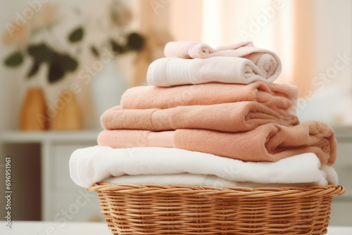 stack of light-colored towels in the bathroom