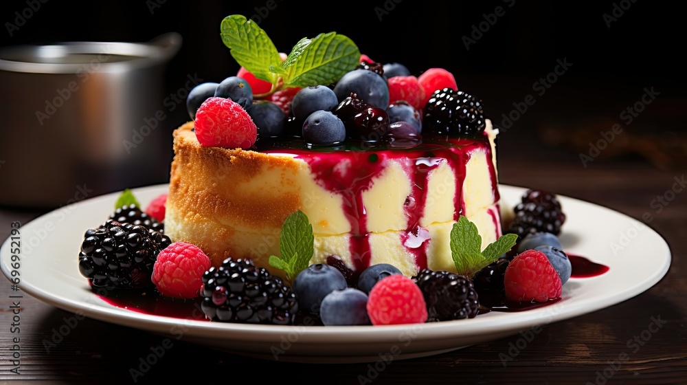 Baked cheesecake toped with mixed berries. Menu bakery. Cafe banner Baked cheesecake toped with mixed berries. Menu bakery. Cafe banner