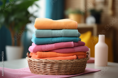 A stack of neatly folded colorful towels in a wicker basket on the bathroom nightstand