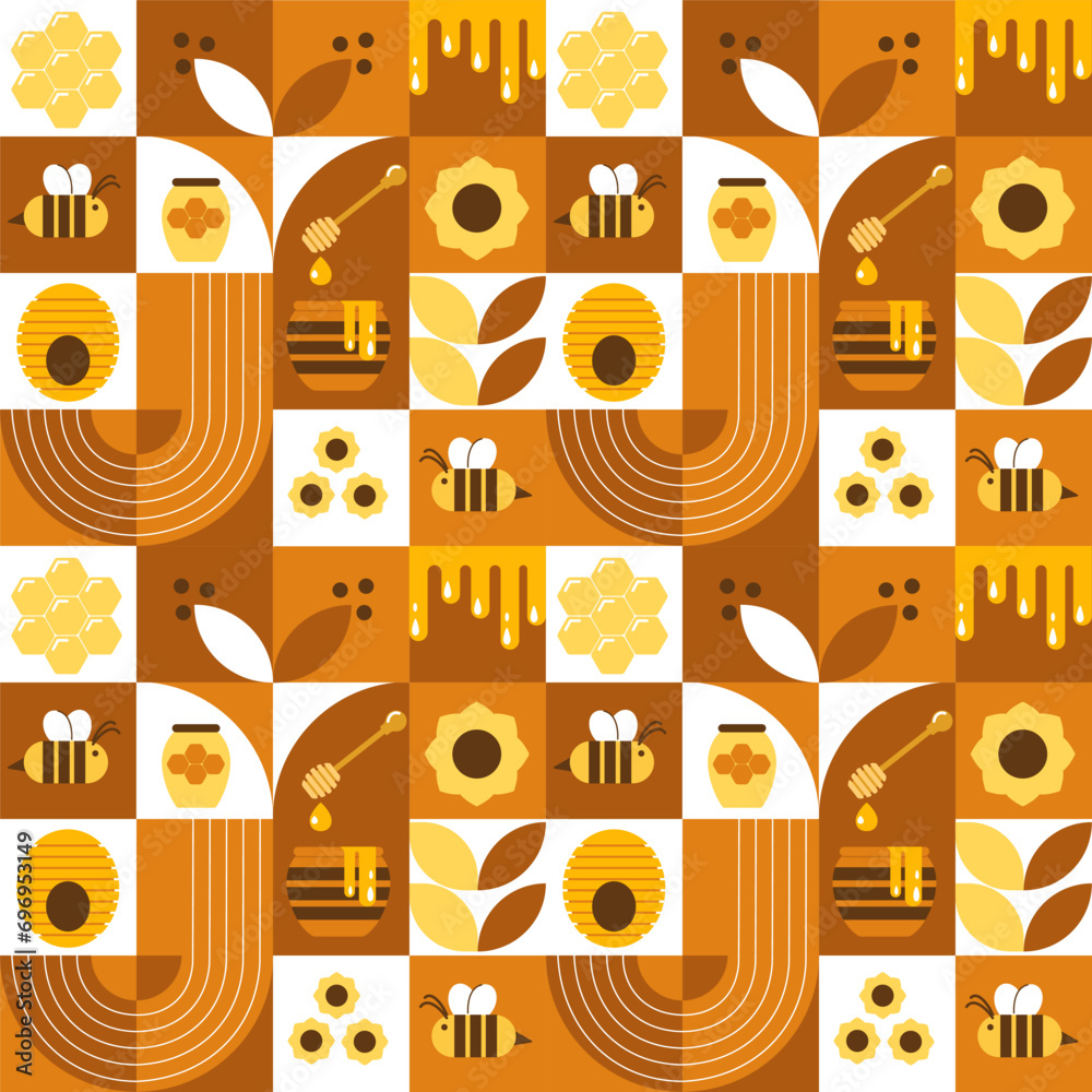 Vector seamless pattern with bees, honey, honeycombs, hive, flowers. Modern abstract Background. Vector illustration of geometric shapes.