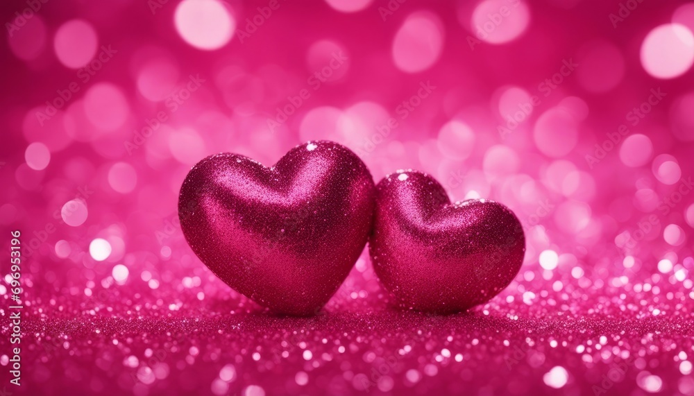 Two Hearts On Pink Glitter In Shiny Background