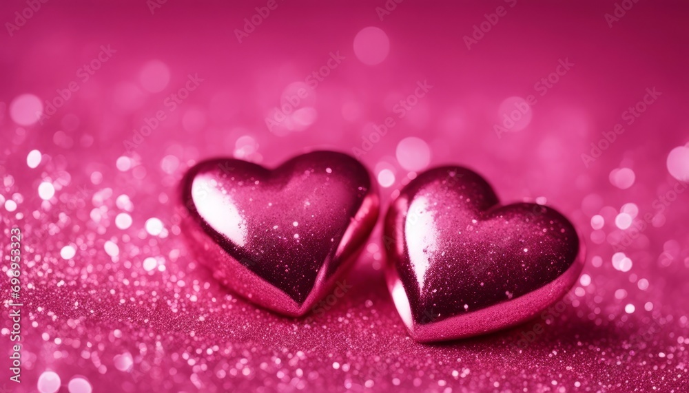 Two Hearts On Pink Glitter In Shiny Background