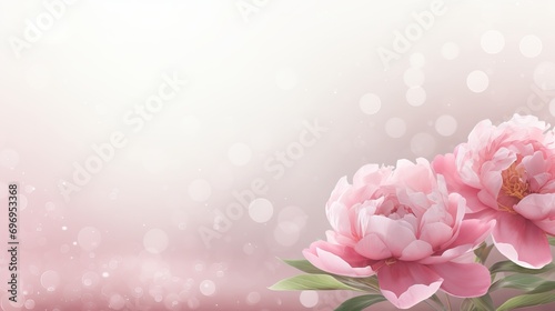 Elegant pink peony on right with magical bokeh background, ample text space on left side