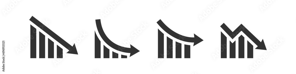 Graph decline icon. Arrow down symbol. Decayed diagram. Finance loss. Economy crisis graphic. Negative chart. Vector illustration. Graph decline icon. Arrow down symbol. Decayed diagram. Finance loss. Economy crisis graphic. Negative chart. Vector illustration.