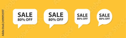 Sale 80% off in the speech bubble. Discount in the shop. Special proposition. Good percentage sticker. Marketing promotion. Product label.