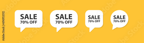 Sale 70% off in the speech bubble. Discount in the shop. Special proposition. Good percentage sticker. Marketing promotion. Product label.