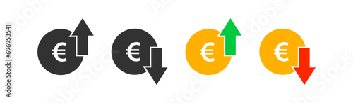 Euro coin graph up and down. Money cost arrow growth, decline. Currency investment. Market price. Finance exchange. Vector illustration.