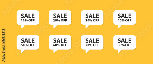 Sale 10, 20, 30, 40, 50, 60, 70, 80 percentage off in the speech bubble set. Discount in the shop. Special proposition. Good percentage sticker. Marketing promotion. Product label.