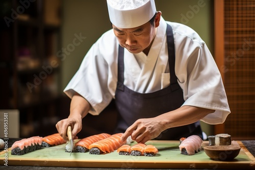 Japanese chef in typical costume preparing sushi